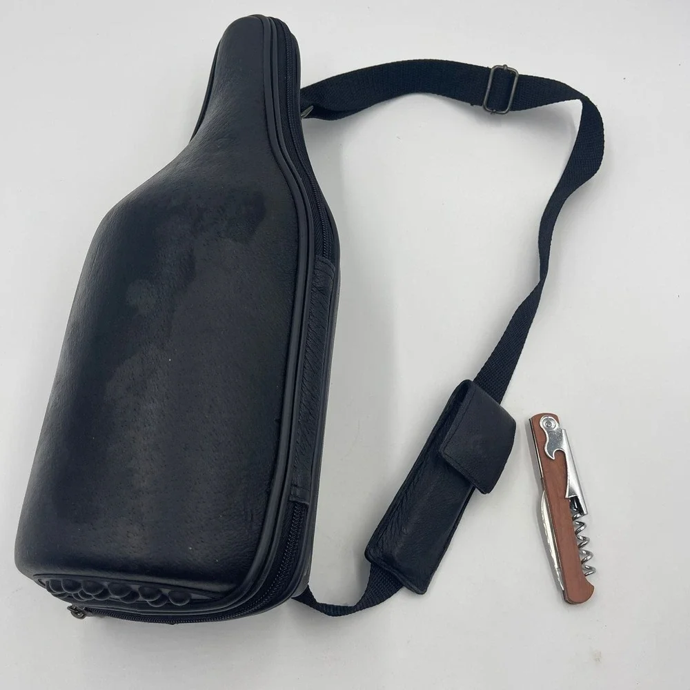 CaddyO Black Leather Wine Bottle Carrier Bag Case‎ Sling Strap Corkscrew Holder